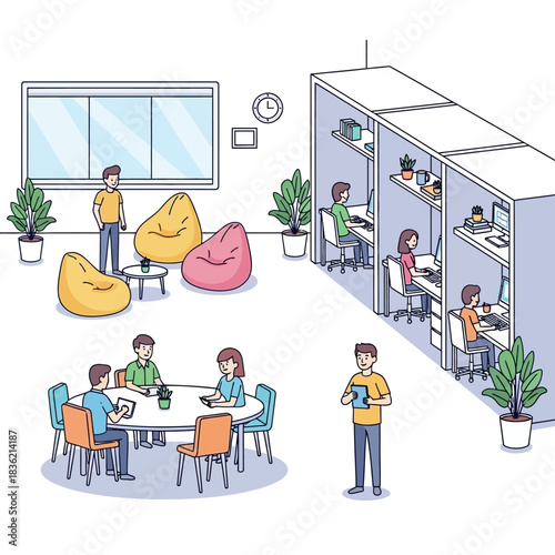 An isometric illustration of a modern office space with different work zones, including cubicles, a meeting table, and a casual lounge area.