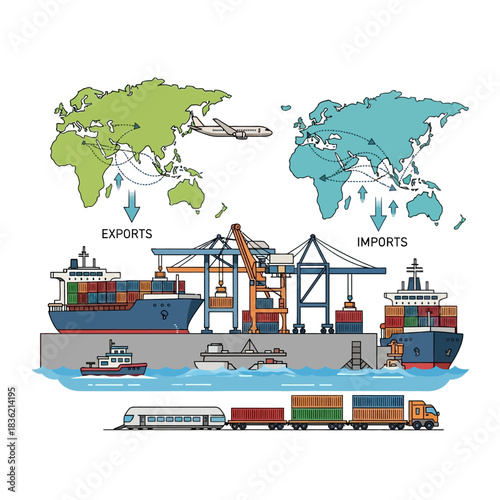 Global trade and logistics network illustration showing exports, imports, sea, air, rail, and road transport of goods.