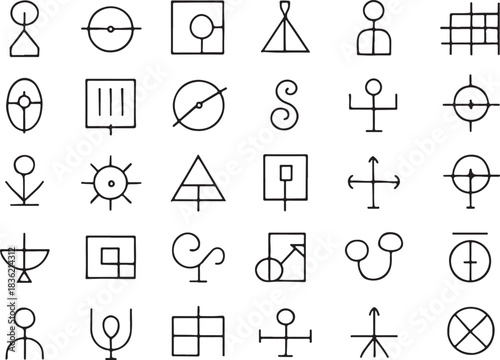 “Abstract Geometric Symbol Set – Minimal Line Art Icons Collection for Mystical Signs, Modern Design Elements, UI/UX Graphics, and Decorative Vector Illustrations”A unique collection of hand-drawn abs