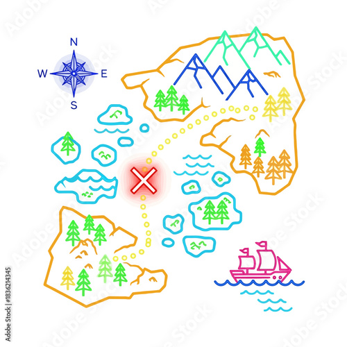 Colorful cartoon treasure map with islands, mountains, a ship, compass, and a path leading to a glowing red X mark.