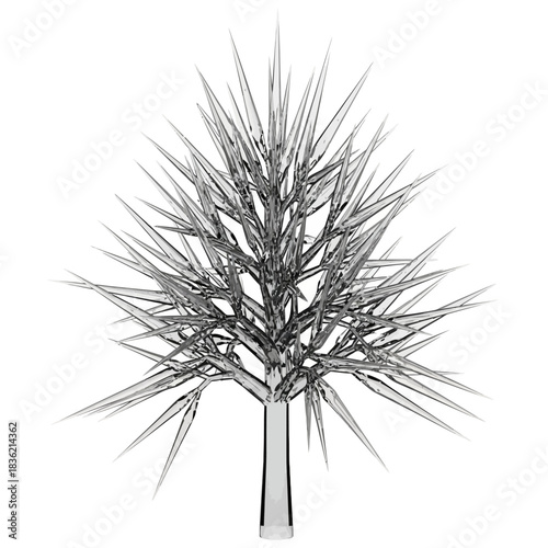 A striking abstract tree sculpture composed of numerous sharp, crystalline, or icy spikes against a plain white background.