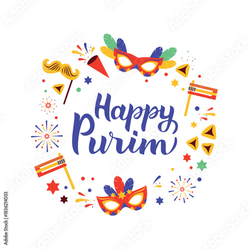 Happy Purim celebration with masks and decorations.