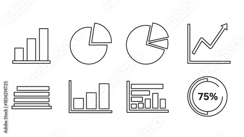 Set of eight black and line art icons representing various types of business charts, graphs and data visualization elements