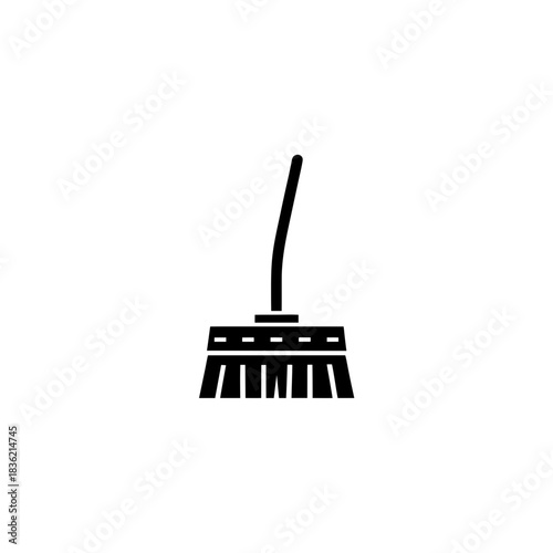 Illustration of a simple black broom with a curved handle on transparent background