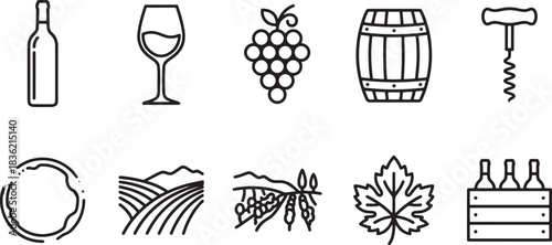 Outline vector illustration of grape, barrel, bottle, corkscrew and winery items