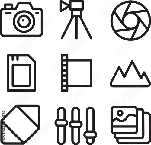 Photography and video equipment icons for camera gear and visual content creation