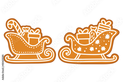 Pair of Santa sleigh biscuits. Glazed gingerbread sleds loaded with gift boxes and holiday surprises for Christmas greeting card or menu.