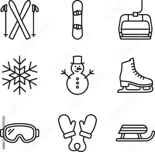 Skiing and winter sports outline vector icon set featuring skis snowboard and ski lift