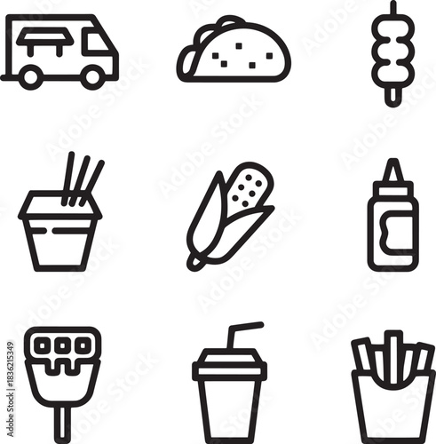 Street food icons such as food truck taco kebab noodles corn sauce scoop drink