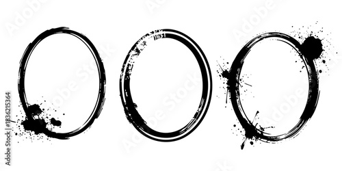 Set  of black  grungy oval shapes. Rough ellipses. Vector illustration. Trendy grunge design element for border frame, logo, tattoo, prints, web pages, social media, template and monochrome pattern