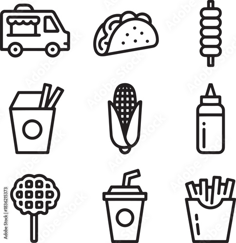 Street food icons set featuring various fast food snacks and refreshment isolated