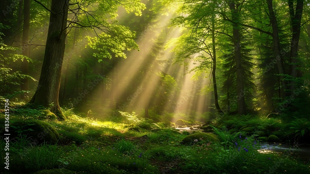 Fototapeta premium Sunlight rays streaming through a dense, lush green forest canopy