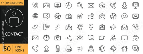 Contact icons set. Includes symbols of phone, email, chat, location, address book, and communication tools. Editable stroke. Vector illustration. Outline icons. Perfect for communication.