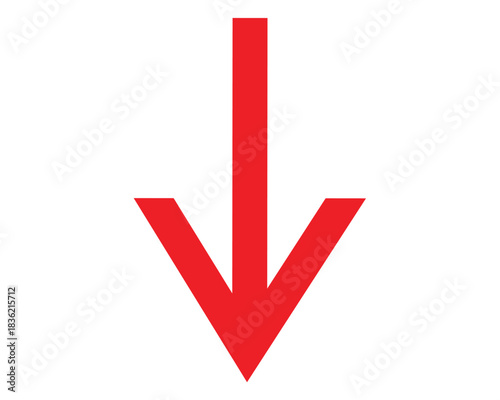 Bright red downward pointing arrow sign on a clean white background, symbolizing decline, decrease, or movement to a lower position.