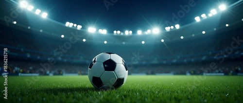 Dynamic soccer ball on vibrant stadium field; cinematic slow pan as stadium lights flicker, capturing the essence of sports excitement and anticipation in high-definition realism.