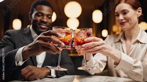 Elegant diverse couple toasting with cocktails at a bar.