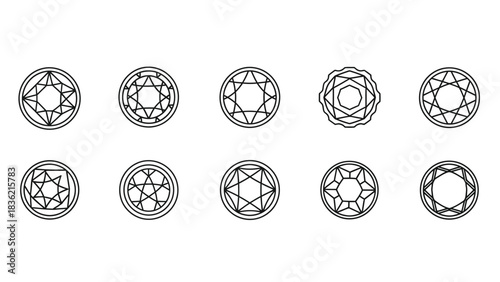 Set of ten different round brilliant cut diamond facet pattern icons or symbols in black outline