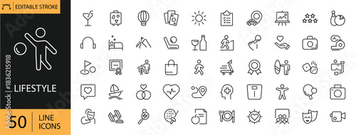 Lifestyle icons set. Includes symbols of daily activities, hobbies, wellness, fashion, travel, and modern living elements. Editable stroke. Vector illustration. Outline icons. Perfect for lifestyle.