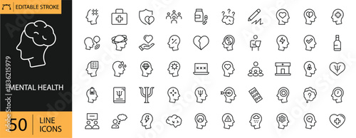 Mental health icons set. Includes symbols of mindfulness, brain, emotions, stress relief, support, therapy, and well-being. Editable stroke. Vector illustration. Outline icons. Perfect for healthcare.