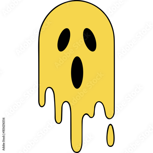 Yellow Ghost Melting Dripping Spooky Halloween Character with Black Eyes and Open Mouth on Black Background