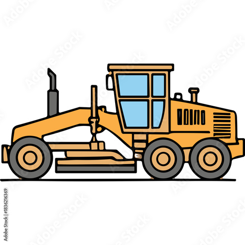 Yellow Grader Construction Vehicle with Large Wheels and Blue Tinted Windows on Black Background Isolated Side View
