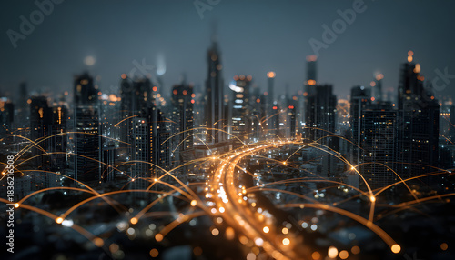 Glowing communication antennas and fiber optic cables transmitting data over a city skyline at night. Futuristic smart city with 5G network infrastructure and global connectivity