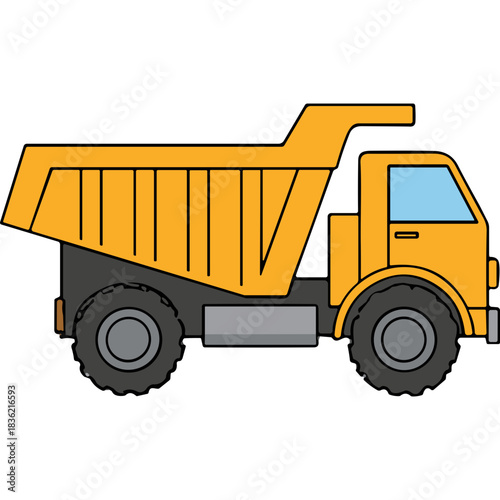 Yellow dump truck illustration with black tires and gray underside on a black background featuring a blue windshield and textured cargo bed for construction or industrial themes