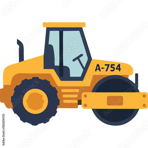 Yellow Road Roller Vehicle With Blue Tinted Cabin and Black Wheels In A Construction Site