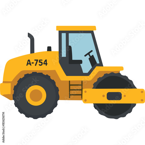 Yellow Road Roller Vehicle With Black Wheels And Gray Cabin On A Black Background A-754 Vehicle