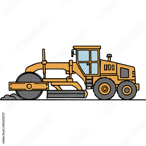 Yellow Road Roller Truck Vehicle With Large Wheels Performing Ground Compaction Work on a Construction Site Isolated on Black Background