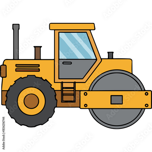 Yellow Road Roller Construction Vehicle with Large Steel Drum and Big Tires Detailed Vector Illustration Isolated on Black Background Professional Machinery for Road Building and Compaction Work