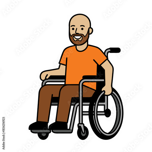 Bald Man With Beard Smiling Wearing Orange T Shirt Brown Pants Sitting In A Wheelchair Outdoors On A Sunny Day