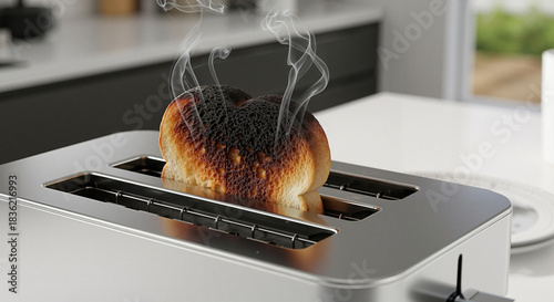Burnt toast slice smoking inside modern stainless steel toaster
