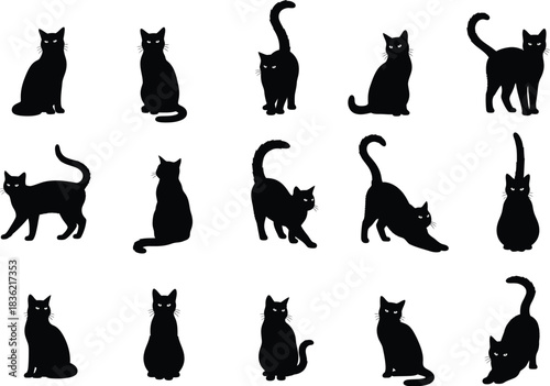 Collection of black cat silhouettes in various poses showing different movements and body shapes