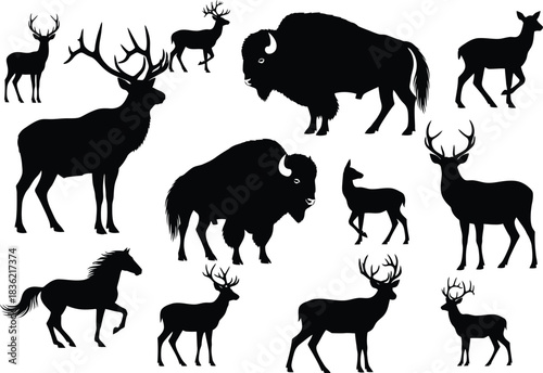 Collection of black silhouettes of various north american wildlife animals including deer bison horse and elk