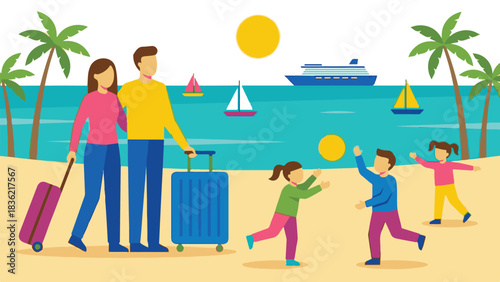 Family Vacation with Suitcases at Beach – Vector Illustration