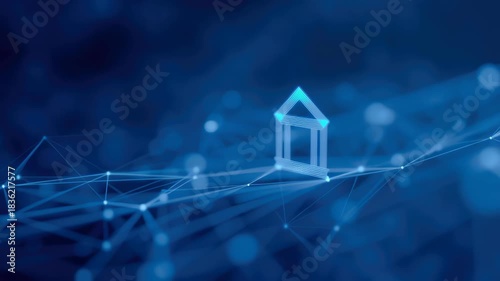 Futuristic bank icon glow network grid, digital technology marketing business concept with fintech vibe blue background showing finance innovation, secure data connections, digital network house