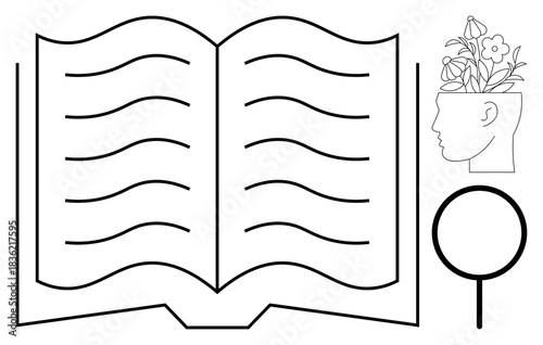Open book with lines, human head sprouting flowers symbolizing growth, and magnifying glass. Ideal for education, research, creativity, discovery, intellectual development, mindfulness learning