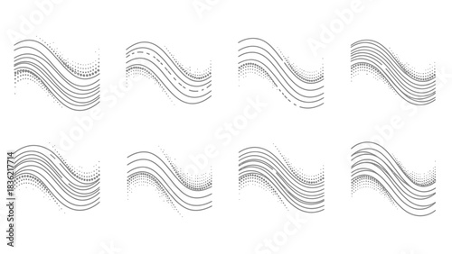 Set of eight grunge wavy line brush strokes or halftone texture elements with a distressed effect