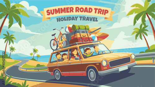 Family Road Trip Vacation with Packed Car – Vector Illustration