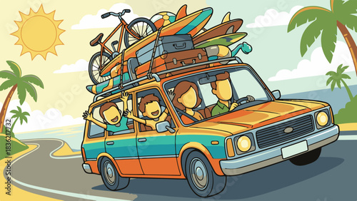 Family Road Trip Vacation with Packed Car – Vector Illustration