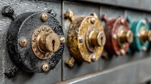 series of locks on a large vault door, each being unlocked simultaneously by a different key, representing multi-level security and access protocols 