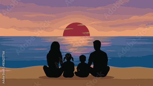 Family Sunset Beach Silhouette Scene Vector Illustration