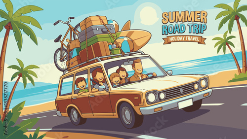 Family Road Trip Vacation with Packed Car – Vector Illustration