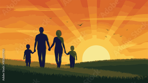 Family Silhouette Walking at Sunset – Vector Illustration