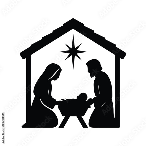Nativity scene silhouette with Mary, Joseph, and Jesus.