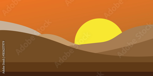 Minimalist desert landscape illustration with a bright sun setting or rising