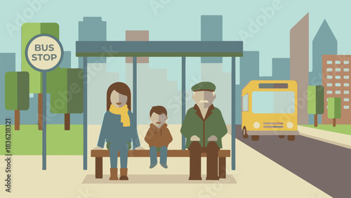 Family Waiting with Elderly Man at Bus Stop – Vector Illustration