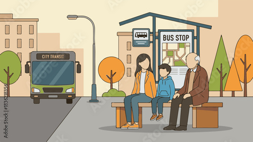 Family Waiting with Elderly Man at Bus Stop – Vector Illustration