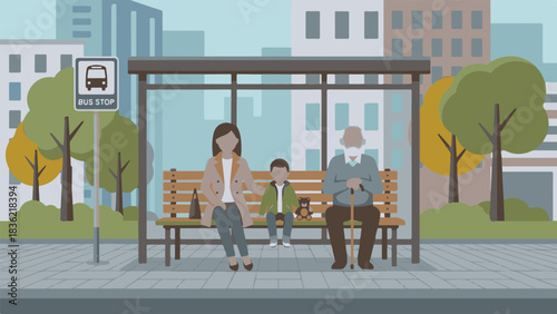 Family Waiting with Elderly Man at Bus Stop – Vector Illustration